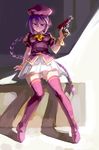  arm_support ass_visible_through_thighs bad_id bad_pixiv_id beret bracelet braid fingernails gun handgun hat highres jewelry left-handed long_fingernails long_hair looking_at_viewer megurimu melty_blood pistol puffy_short_sleeves puffy_sleeves purple_eyes purple_hair purple_legwear short_sleeves single_braid sion_eltnam_atlasia sitting skirt smile solo thighhighs trigger_discipline tsukihime very_long_hair weapon 
