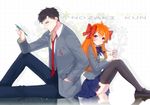  1girl back-to-back bad_id bad_pixiv_id black_hair black_legwear blazer bow gekkan_shoujo_nozaki-kun hair_bow hand_in_pocket jacket lloule necktie nib_pen_(object) nozaki_umetarou orange_hair pants pen polka_dot polka_dot_bow rouman_academy_uniform sakura_chiyo school_uniform sitting thighhighs zettai_ryouiki 