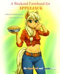  2014 anthro anthrofied applejack_(mlp) belt blonde_hair clothing earth_pony english_text equine female freckles friendship_is_magic green_eyes hair holding horse jeans mammal my_little_pony navel pia-sama pie pony shirt solo standing sweat text wet 