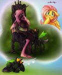  2012 anthro blue_eyes blush breasts changeling dream fangs female fluttershy_(mlp) friendship_is_magic hair holes horn looking_at_viewer lying male my_little_pony original_character pet pink_hair sitting slit_pupils throne vesairus wingd 