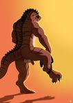  4_toes anklet anthro balls biceps butt chain claws digitigrade dinosaur fangs flaccid humanoid_penis looking_back male muscles nude penis plain_background precum rossciaco scalie solo standing stripes teeth 