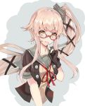  1girl black_gloves black_jacket black_ribbon blush breasts eriyama_(user_csua4255) eyebrows_visible_through_hair glasses gloves grey_background grey_sailor_collar hair_flaps hair_ribbon jacket kantai_collection large_breasts long_hair neck_ribbon open_mouth orange_eyes partly_fingerless_gloves pink_hair ponytail red_ribbon remodel_(kantai_collection) ribbon sailor_collar school_uniform serafuku short_sleeves side_ponytail smile solo very_long_hair white_background yura_(kantai_collection) 