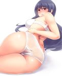  ass bifidus black_hair bra breasts frown fusou_(kantai_collection) kantai_collection large_breasts long_hair looking_at_viewer lying md5_mismatch on_side panties parted_lips raised_eyebrows red_eyes simple_background solo thighs underwear underwear_only white_background white_bra white_panties 