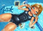  afloat aqua_eyes blonde_hair blush breasts brown_hair check_translation chibi chibi_inset child commentary_request covered_navel double_v eating fang full-face_blush hair_ornament hairclip highres imazon looking_at_viewer one-piece_swimsuit open_mouth original pool school_swimsuit shiny shiny_clothes shiny_skin short_hair short_twintails small_breasts solo swimming swimsuit tan tanline translation_request twintails v water wet 