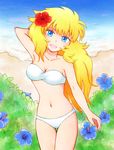  arm_behind_head bad_id bad_pixiv_id bandeau beach bikini blonde_hair blue_eyes breasts cleavage day flower hair_flower hair_ornament hibiscus long_hair looking_at_viewer medium_breasts mermaid_thetis navel open_mouth saint_seiya smile solo swimsuit thigh_gap tonkati white_bikini 