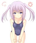  :t blush breasts collarbone covered_navel highres leaning_forward looking_at_viewer minatsuki_nao one-piece_swimsuit original pout purple_eyes purple_hair school_swimsuit short_hair short_twintails small_breasts solo swimsuit twintails white_background 