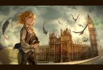  alternate_costume bird clock clock_tower cloud cloudy_sky crow feathers hat kirisame_marisa letterboxed norizc open_clothes open_mouth open_vest pants shirt sky solo touhou tower vest westminster_palace yellow_eyes 