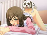  1girl all_fours bent_over bestiality blush bottomless cum cum_in_pussy cumdrip cyclet dog doggystyle ejaculation game_cg hyper_heiki kankyuu_goujuu kneeling on_bed sex shinonome_mari top-down_bottom-up vaginal 