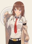  belt blue_eyes blush brown_hair ddal jacket long_hair makise_kurisu necktie red_neckwear shorts solo steins;gate sweatdrop 