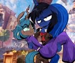  anthofied anthro bioshock bioshock_infinite blue_eyes booker_dewitt carrying changeling dress elizabeth_(bioshock_infinite) equine female friendship_is_magic frown horn horse jokerpony mammal my_little_pony pony princess_luna_(mlp) queen_chrysalis_(mlp) scarf smile solo suit turning winged_unicorn wings 