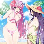  aqua_eyes beach bikini black_hair breasts cowboy_shot crossed_arms day flower from_side fujikonbu green_eyes hair_flower hair_ornament hat hibiscus highres kido_saori long_hair medium_breasts multiple_girls ocean pandora_(saint_seiya) profile purple_hair saint_seiya straw_hat striped striped_bikini swimsuit thigh_gap 