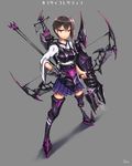  alternate_eye_color alternate_weapon armor armored_boots arrow artist_name black_hair boots bow_(weapon) gauntlets gia greaves grey_background grey_legwear highres japanese_clothes kaga_(kantai_collection) kantai_collection muneate purple_eyes quiver short_hair short_ponytail side_ponytail solo standing thigh_boots thighhighs translated weapon 