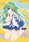  abstract_background blush breast_hold breasts chin_rest cleavage detached_sleeves frog_hair_ornament green_hair hair_ornament kneeling kochiya_sanae large_breasts loafers long_hair looking_at_viewer open_clothes open_shirt panties pantyshot pantyshot_(kneeling) pink_panties plaid shiny shiny_skin shirt shoes skirt smile snake_hair_ornament socks solo star striped touhou tsukiji underwear very_long_hair yellow_background yellow_eyes 
