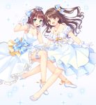  :d amami_haruka ankle_lace-up bow brown_hair cross-laced_footwear crown dress glass_slipper gloves green_eyes hair_bow idolmaster idolmaster_(classic) idolmaster_cinderella_girls k.y_ko leg_garter long_hair multiple_girls no_socks one_side_up open_mouth pointing pointing_up shimamura_uzuki short_hair smile sparkle white_gloves yellow_eyes 