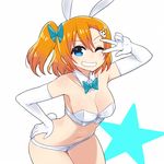  animal_ears bare_shoulders blue_eyes blush bow bowtie breasts bunny_ears bunny_girl bunny_hair_ornament bunny_tail chan_co cleavage cowboy_shot detached_collar elbow_gloves gloves grin hair_bow hair_ornament hand_on_hip kousaka_honoka large_breasts looking_at_viewer love_live! love_live!_school_idol_project navel one_eye_closed one_side_up orange_hair short_hair simple_background smile solo tail v white_background white_gloves 