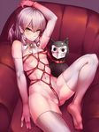  bdsm blush bondage bound breasts crotch_rope elbow_gloves gloves kageshio_(276006) looking_at_viewer navel nipples original pubic_hair red_rope rope shibari silver_hair small_breasts smile solo thighhighs yellow_eyes 