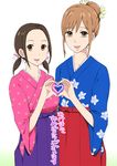  akeome ayase_chihaya brown_eyes brown_hair chihayafuru hair_bun hakama happy_new_year heart heart_hands heart_hands_duo ichihisa japanese_clothes kimono long_hair meiji_schoolgirl_uniform multiple_girls new_year ooe_kanade open_mouth red_hakama smile twintails 