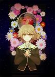  bad_id bad_pixiv_id brown_hair crossdressing daisy danganronpa danganronpa_1 flower fujisaki_chihiro hal_9000 hands_on_own_face looking_at_viewer male_focus okimaru otoko_no_ko short_hair smile solo yellow_eyes 