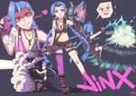  1girl blue_hair blush boots gloves highres jinx_(league_of_legends) league_of_legends long_hair pink_eyes shorts tattoo weapon weapons zhainan_s-jun 