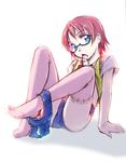  blue_eyes glasses graphite_(medium) jason_(kaiten_kussaku_kikou) lips looking_at_viewer mixed_media mouth_hold no_shoes original pink_hair short_hair shorts shorts_around_one_leg sitting solo thighhighs traditional_media white_background 