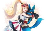  bike_shorts blonde_hair closed_eyes fingerless_gloves gen_4_pokemon gloves hug koruni_(pokemon) long_hair lucario obo open_mouth pokemon pokemon_(creature) ponytail skirt very_long_hair 