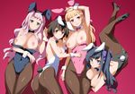  animal_ears armpits ass black_hair blonde_hair blush bow bowtie braid breasts brown_eyes brown_hair brown_legwear bunny_ears bunny_girl bunny_tail bunnysuit detached_collar green_eyes hair_ribbon high_heels inue_shinsuke inverted_nipples large_breasts long_hair looking_at_viewer multiple_girls nipples open_mouth original pantyhose pink_hair ribbon short_hair side_ponytail simple_background smile tail wrist_cuffs yellow_eyes 