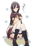  :&lt; alternate_costume black_hair blush covering covering_chest crossdressing enmaided hairband heart highres kirito kirito_(sao-ggo) knees_together_feet_apart long_hair maid male_focus mizuta_kenji moe_moe_kyun! open_clothes otoko_no_ko purple_eyes sitting skirt solo sword_art_online thighhighs translated white_legwear wrist_cuffs 