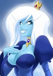  adventure_time blue_skin breasts cleavage covered_nipples crown daniel_macgregor dress eyeshadow genderswap grin ice_queen impossible_clothes impossible_dress lips long_hair makeup mini_crown sharp_teeth smile solo teeth very_long_hair white_eyes white_hair 