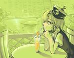  arm_support crescent drinking drinking_straw glass green harusame_(unmei_no_ikasumi) hat lunasa_prismriver monochrome short_hair short_sleeves sitting solo spot_color table touhou yellow_eyes 