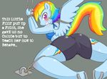  2014 abducted abduction anthro anthrofied basketgardevoir bdsm blush bondage bound clothing cutie_mark english_text equine female friendship_is_magic hair hooves horseshoe looking_at_viewer lying mammal multi-colored_hair my_little_pony pegasus purple_hair rainbow_dash_(mlp) rainbow_hair rope solo text wings 
