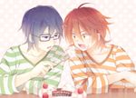  ahoge eating english fang feeding food fushimi_saruhiko glasses happy_birthday k_(anime) male_focus multiple_boys open_mouth purple_eyes purple_hair red_hair shirt striped striped_shirt yata_misaki yellow_eyes yupopo_(hidame) 