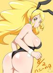  animal_ears ass blonde_hair breasts bunny_ears bunnysuit cure_honey dated happinesscharge_precure! jabara_tornado large_breasts long_hair looking_at_viewer looking_back magical_girl oomori_yuuko precure sideboob simple_background solo wide_ponytail yellow_background yellow_eyes 