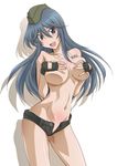  blue_eyes blue_hair breasts cleavage covering covering_breasts dog_tags garrison_cap hands_on_own_chest hat kyoudou_maya large_breasts long_hair mutou_keiji navel no_bra sabagebu! short_shorts shorts smile solo topless underboob 