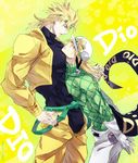  ankai_(rappelzankai) blonde_hair diego_brando dio_brando gloves green_shirt hat headband height_difference jacket jojo_no_kimyou_na_bouken multiple_boys scary_monsters_(stand) shirt short_hair stand_(jojo) steel_ball_run sweater tail turtleneck yellow_jacket 