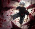  angel31424 bad_id bad_pixiv_id barefoot black_eyes black_nails blood bloody_clothes cuffs frown heterochromia kagune_(tokyo_ghoul) kaneki_ken male_focus nail_polish red_eyes shackles shorts solo spoilers tentacles tokyo_ghoul torn_clothes turtleneck white_hair 