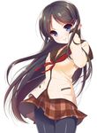  adjusting_hair black_hair black_legwear blue_eyes endou_rino hair_ornament hairclip jinsei long_hair nanase_meruchi official_art pantyhose plaid plaid_skirt school_uniform serafuku skirt smile solo white_background 