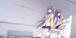  blue_eyes blue_hair clannad classroom fujibayashi_kyou hikarizaka_private_high_school_uniform long_hair multiple_girls purple_eyes sakagami_tomoyo school_uniform senhaku socks thighhighs white_legwear zettai_ryouiki 