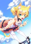  animal_ear_fluff animal_ears bad_id bad_pixiv_id bare_arms bare_shoulders bell bent_over blonde_hair blue_sky bracelet cat_ears cat_tail cloud collarbone day dress fang food green_eyes hair_ornament hairclip highres jewelry multicolored multicolored_clothes multicolored_dress necklace open_mouth original pantyhose popsicle shirako_sei sky sleeveless sleeveless_dress solo tail tongue tongue_out twintails white_legwear 