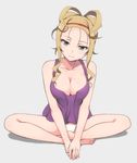  barefoot blonde_hair blue_eyes breasts cleavage hashi head_tilt headband indian_style large_breasts looking_at_viewer mole mole_on_breast panties purple_shirt shirogane_no_ishi_argevollen shirt silfy_appleton sitting solo tank_top underwear v_arms white_panties 