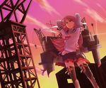  akashi_(kantai_collection) arms_behind_head bandana crane dusk green_eyes hakama_skirt headband highres hip_vent kantai_collection long_hair long_sleeves machinery pink_hair pleated_skirt red_sky ribbon sailor_collar shao_(newton) skirt sky smile solo thighhighs zettai_ryouiki 