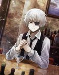  angel31424 black_nails blouse bottle cup drinking_glass eyepatch frown grey_eyes kaneki_ken liquor looking_at_viewer male_focus nail_polish necktie painting_(object) solo spoilers table tokyo_ghoul vest white_hair wine_glass 