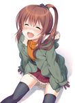  :d ^_^ black_legwear blush brown_hair closed_eyes frills gloves hair_ornament hood hooded_jacket jacket jinsei long_hair nanase_meruchi official_art open_mouth ponytail scrunchie sitting skirt smile solo suzuki_ikumi_(jinsei) thighhighs white_background 