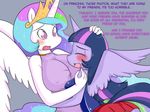 2014 anthro anthrofied basketgardevoir blush breasts clothing crown dialog duo english_text equine erect_nipples eyes_closed female friendship_is_magic gold hair horn hug mammal multi-colored_hair my_little_pony nipples princess_celestia_(mlp) purple_eyes purple_hair sparkles tears text twilight_sparkle_(mlp) upset winged_unicorn wings 