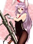  animal_ears anti-materiel_rifle anti-tank_rifle ascot bare_arms bare_shoulders black_legwear breasts bunny_ears bunny_girl bunny_tail bunnysuit closed_mouth gloves gun highres kys_(k-k2) large_breasts leotard long_hair looking_at_viewer pantyhose purple_hair red_eyes reisen_udongein_inaba rifle smile sniper sniper_rifle solo tail touhou very_long_hair weapon white_gloves 