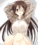  ;o arms_up blush breasts brown_eyes brown_hair camouflage large_breasts long_hair looking_at_viewer matsuno_canel one_eye_closed original sitting solo 