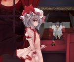  1girl bat_wings bed faceless faceless_male full_moon hat lipstick_tube looking_at_viewer mirror moon no_reflection pillow pointy_ears red_eyes red_moon remilia_scarlet short_hair silver_hair touhou utakata_(kochou_no_yume) window wings wrist_cuffs 