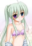  ahoge bad_id bad_pixiv_id blue_eyes blush bow bow_bra bra breasts cleavage einhart_stratos flipper green_hair heterochromia long_hair lyrical_nanoha mahou_shoujo_lyrical_nanoha_vivid polka_dot polka_dot_bra ponytail purple_bra purple_eyes small_breasts solo underwear undressing 