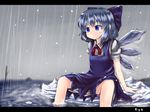  arm_support artist_name blue_eyes blue_hair blush bow cirno dress dress_shirt hail hair_bow highres ice ice_wings kys_(k-k2) letterboxed looking_down partially_submerged puffy_short_sleeves puffy_sleeves rain shirt short_hair short_sleeves sitting sitting_on_rock smile soaking_feet solo touhou water wings 