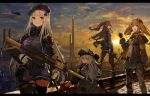  404_(girls_frontline) absurdres aircraft ammunition_belt armband assault_rifle bangs beret black_bow black_hat black_jacket black_legwear black_ribbon black_shorts blunt_bangs bow brown_eyes brown_hair closed_mouth coat commentary_request crossed_bangs facial_mark finger_on_trigger fingerless_gloves full_body g11 g11_(girls_frontline) girls_frontline gloves green_eyes green_hat green_jacket grey_hair gun h&amp;k_ump h&amp;k_ump45 h&amp;k_ump9 hair_ornament hairclip hat heckler_&amp;_koch helicopter highres hk416 hk416_(girls_frontline) holding holding_gun holding_weapon hood hood_down hooded_jacket hukahire0120 jacket knee_pads long_hair long_sleeves magazine_(weapon) messy_hair multiple_girls one_side_up open_clothes open_coat open_jacket open_mouth outdoors pantyhose plaid plaid_skirt ribbon rifle scar scar_across_eye scarf_on_head shirt shorts shoulder_cutout silver_eyes skirt smile standing submachine_gun sunset teardrop thighhighs trigger_discipline ump45_(girls_frontline) ump9_(girls_frontline) weapon white_hair white_shirt zettai_ryouiki 