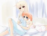  2girls bed blonde_hair blue_eyes blush couple fate_testarossa hand_on_back happy hug hug_from_behind looking_at_another looking_at_viewer lyrical_nanoha mahou_senki_lyrical_nanoha_force mahou_shoujo_lyrical_nanoha mahou_shoujo_lyrical_nanoha_strikers mahou_shoujo_lyrical_nanoha_vivid multiple_girls nightwear orange_hair ponytail red_eyes sitting sleepwear smile takamachi_nanoha watercolormark yuri 